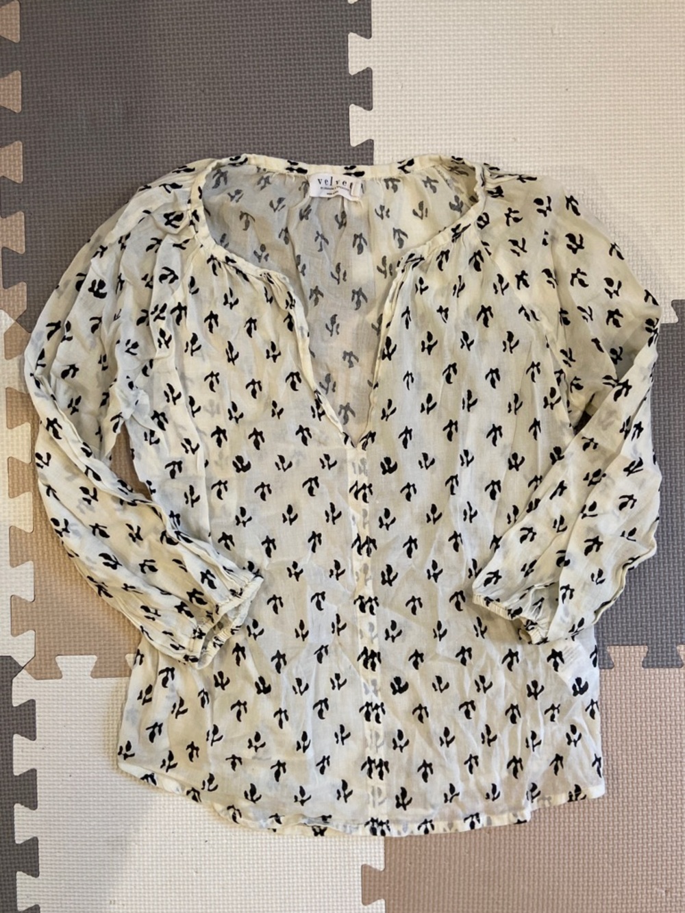 Velvet Cream Blouse with Black Print